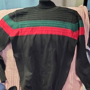 Black Sweater with Red and Green Stripes